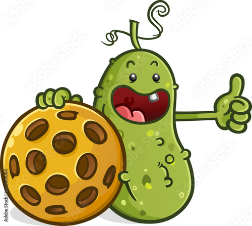Pickle cartoon character with a baby Face and Toothy Smile giving a thumbs up and holding a giant pickleball