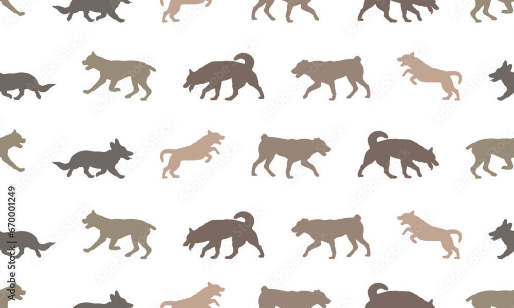 Seamless pattern. Silhouette dogs different breeds in various poses. Isolated on a white background. Endless texture. Design for fabric, decor, wallpaper. Vector illustration. Seamless pattern. Silhouette dogs different breeds in various poses. Isolated on a white background. Endless texture. Design for fabric, decor, wallpaper. Vector illustration.