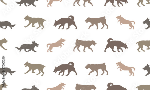 Seamless pattern. Silhouette dogs different breeds in various poses. Isolated on a white background. Endless texture. Design for fabric, decor, wallpaper. Vector illustration. © tikhomirovsergey