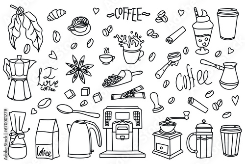 Cute doodle cartoon cafe icons. Set of hand drawn coffee designs: drinks, snacks and coffee utensils. Vector outline hand drawn coffee and bakery for cafe menu. Vector