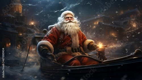 Santa Claus in small boat going to deliver gifts to kids