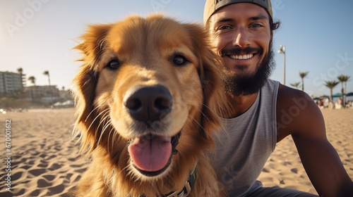 Faces, dogs and love with black couple on the beach in summer taking their pets for a walk for fun or recreation together. Portrait. Happy and smiling man, woman and golden retriever pet. outdoor rive