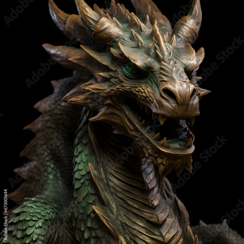 Wooden Dragon Sculpture  Visuals of a stunning wooden dragon sculpture carved from rich green wood  showcasing craftsmanship and mythical beauty