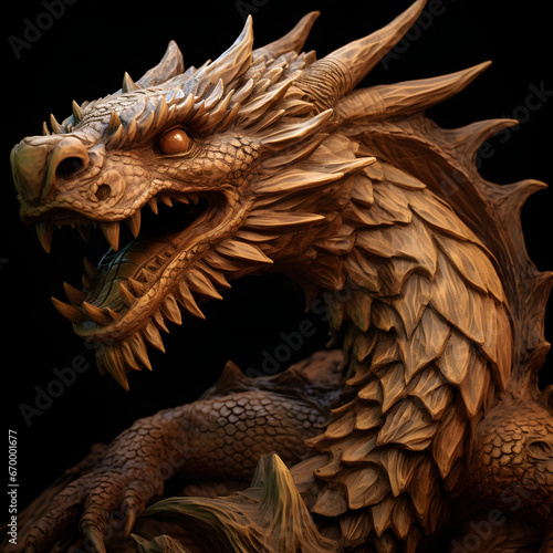 Wooden Dragon Sculpture: Visuals of a stunning wooden dragon sculpture carved from rich green wood, showcasing craftsmanship and mythical beauty