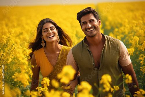 Indian rural happy farmer couple standing in farm