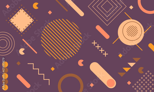 Group of memphis design elements isolated on a purple background. Pattern from geometric shapes in Memphis 80s-90s style. Use in web design, invitation, poster, print.
