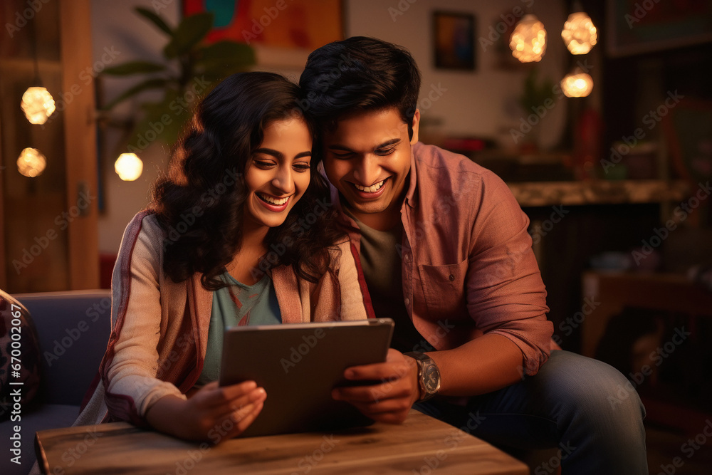 beautiful young indian couple using tablet - obrazy, fototapety, plakaty 