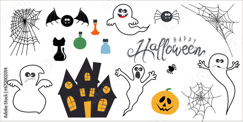 Happy Halloween Magic collection, witch, wizard attributes, creepy and spooky elements for halloween decorations, doodle silhouettes, sketch, icon, sticker. Hand drawn vector illustration.	 photo