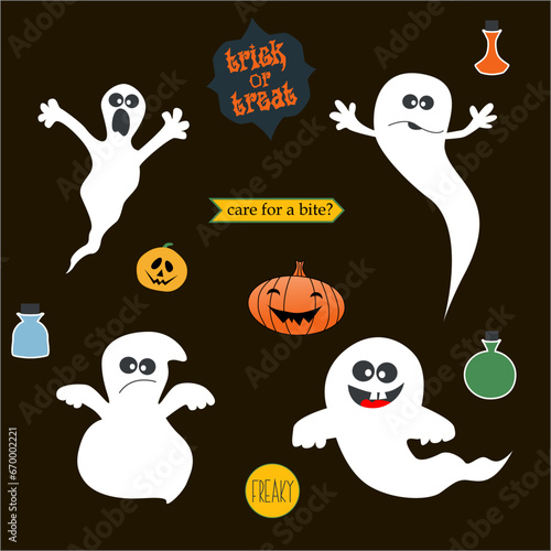 Cute ghost character illustration. Funny vector spooky dude image for kids on halloween.	
