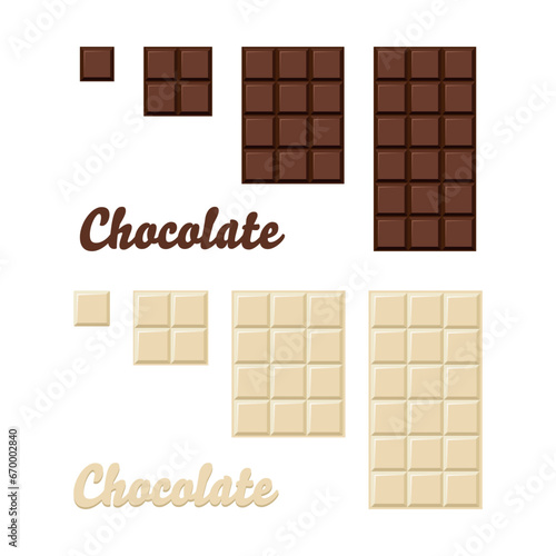 Set of dark and white chocolate bar. Yummy dark bitter and milky choco part . Cacao sweet food design. Flat vector illustration isolated on white background.	