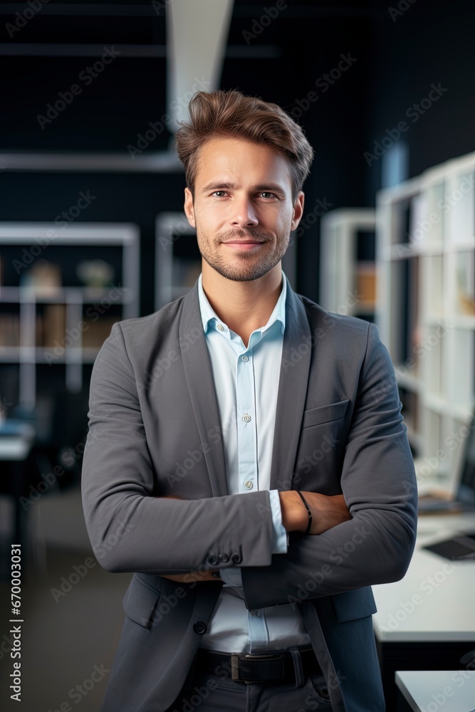 Fototapeta premium Portrait of a businessman with an out of focus office background. Banner, website header, marketing material.