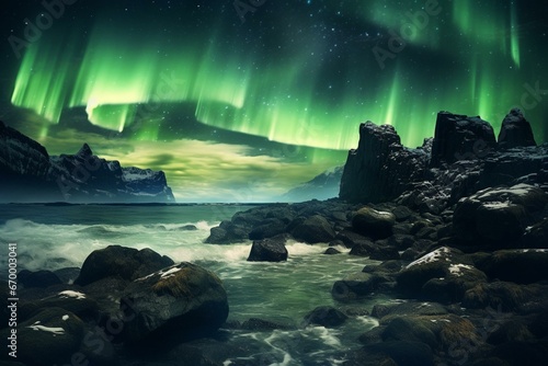 Luminous green aurora illuminating rocky landscape, captivating northern lights backdrop with open space. Generative AI