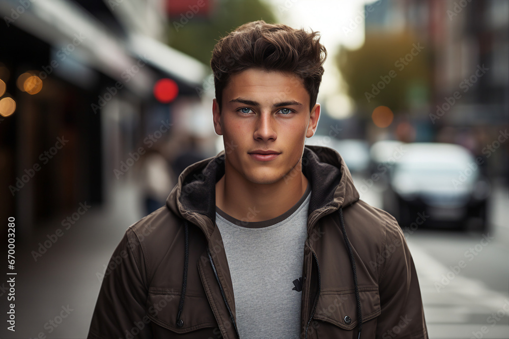 Fototapeta premium Generative ai technology portrait of attractive young man outdoors town city streets
