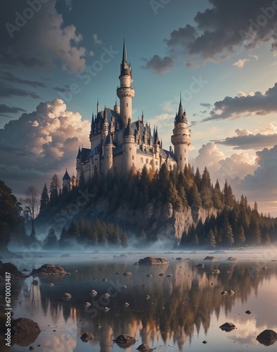 Illustration d'un magnifique décor de fantasy avec un puissant et glorieux château