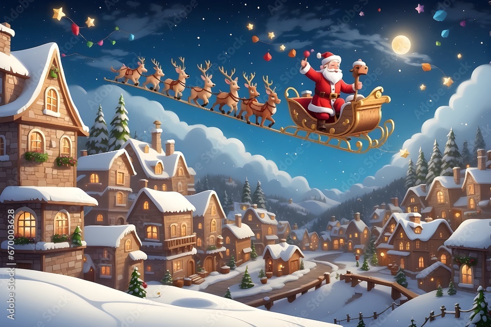santa claus with reindeers drive to snowy town - obrazy, fototapety, plakaty 