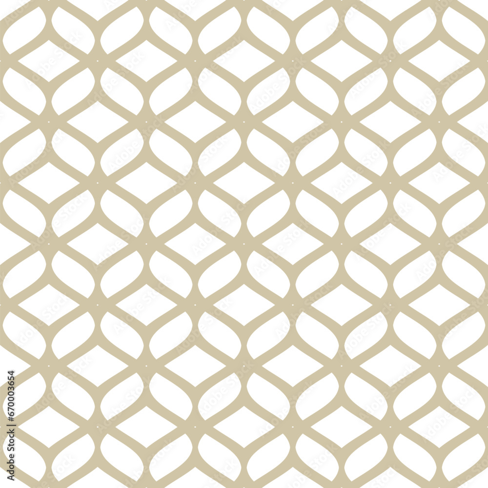 Naklejka premium Vector mesh seamless pattern. Abstract golden background with curved lines, wavy shapes. Subtle texture of mesh, lace, weaving, net, lattice. Gold and white ornament. Simple modern repeat geo design