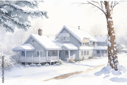 Watercolor Winter Season And Watercolor Winter House Background © mdronydesigner