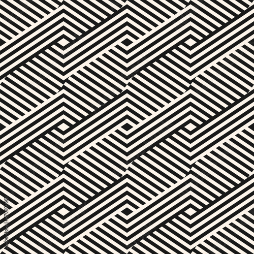 Vector seamless pattern with quirky geometric lines, stripes, chevron, zig zag. Abstract black and white background with optical illusion effect. Stylish monochrome texture. Repeat modern geo design