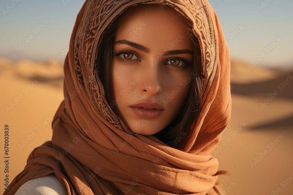 Beautiful arabic woman wearing veil in sandy desert Generative Ai illustration Beautiful arabic woman wearing veil in sandy desert Generative Ai illustration