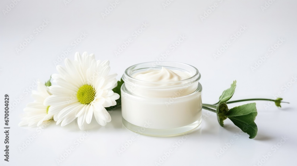 whitening and moisturizing Face cream in an open glass jar and flowers on white background. Set for spa, skin care and body products and solutions for skin problems such as scars, acne, wrinkles. whitening and moisturizing Face cream in an open glass jar and flowers on white background. Set for spa, skin care and body products and solutions for skin problems such as scars, acne, wrinkles.