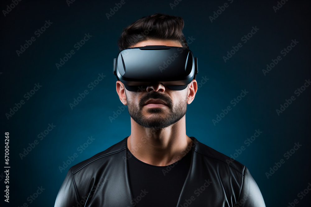 Generative AI photo of handsome man wear vr glasses gaming online isolated on dark background Generative AI photo of handsome man wear vr glasses gaming online isolated on dark background
