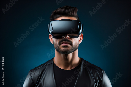 Generative AI photo of handsome man wear vr glasses gaming online isolated on dark background © Tetiana