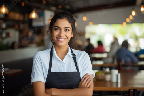 Portrait of a happy Latin American waitress working at a restaurant and looking at the camera smiling photo