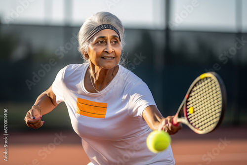 Indian old woman playing tennis