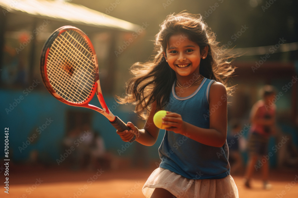 Indian little girl playing tennis - obrazy, fototapety, plakaty 