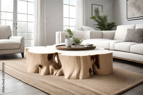 edge tree stump accent coffee table in a white room