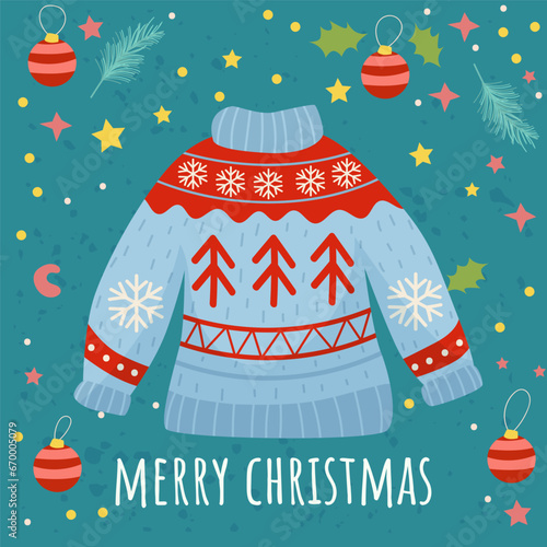 Christmas sweater. Cute flat style. Postcard. Merry Christmas. Vector illustration.