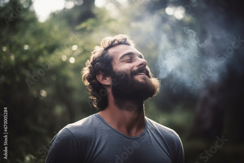 Portrait of a man breathing fresh air in nature photo