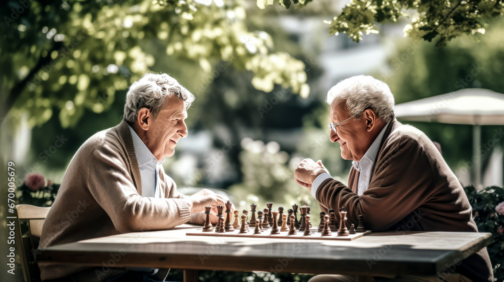 Two men intently focused on a chess game, their faces reflecting deep concentration as they strategize their next move. Two men intently focused on a chess game, their faces reflecting deep concentration as they strategize their next move.