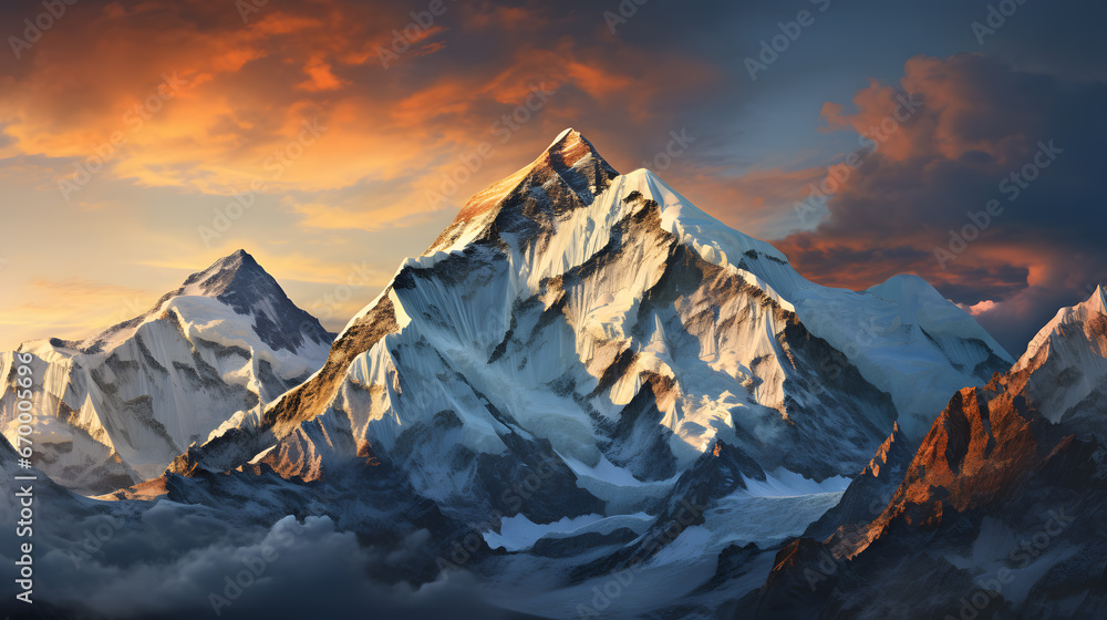 Capture the grandeur of majestic mountain peaks rising high above the earth, their rugged details and snow-capped summits making for an epic and highly detailed landscape photograph.