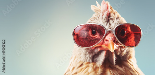 Portrait of a beautiful rooster wearing sunglasses and looking at camera. Funny rooster with glasses on blue background. Fashion portrait of a vulture wearing sunglasses and headband.