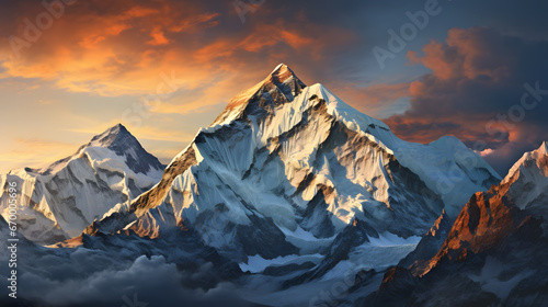 Capture the grandeur of majestic mountain peaks rising high above the earth  their rugged details and snow-capped summits making for an epic and highly detailed landscape photograph.
