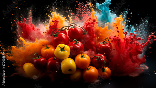 fresh and hot pepper in a black splash on a black background, with smoke. photo