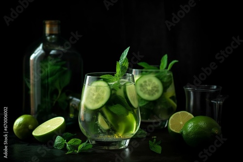 Refreshing beverages with basil, cucumber, lime, and mint on a dark background. Generative AI