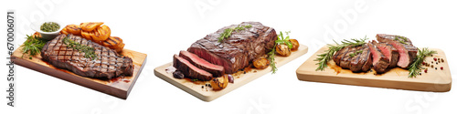 grilled entrecôte steak on a wooden board, isolated