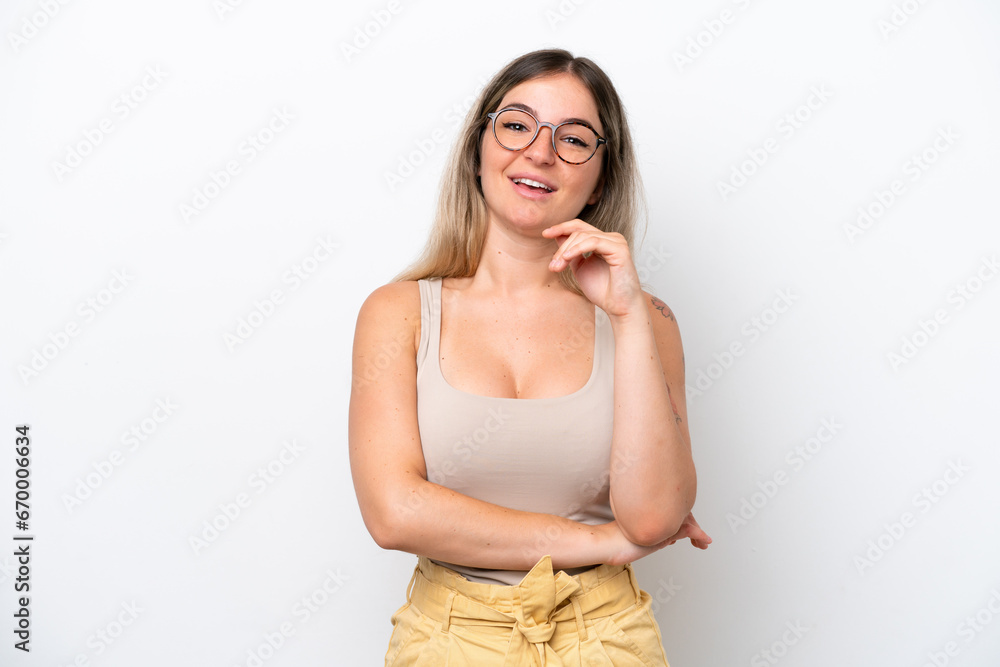Young Rumanian woman isolated on white background laughing Young Rumanian woman isolated on white background laughing