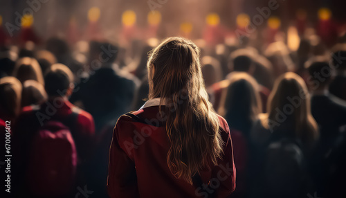 degree wearing girl standing with her back to the crowd