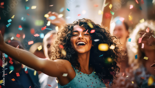 women with curly hair dancing in confetti at a party