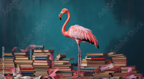 Flamingo and books on a blue background. 3d rendering. pink flamingo and books on a dark blue background, vintage style. zoo character