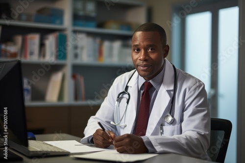 Doctor in a Medical Office. Black doctor working in a medical office, copy space