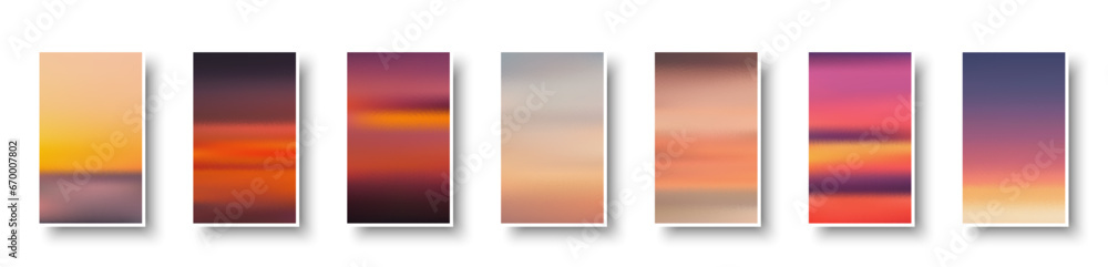 Fototapeta premium Set of colorful paper sunset and sunrise sea cards. Abstract blurred textured gradient mesh color backgrounds.