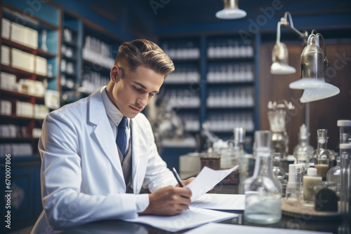 Portrait of a young pharmacist writing notes while working in a chemist