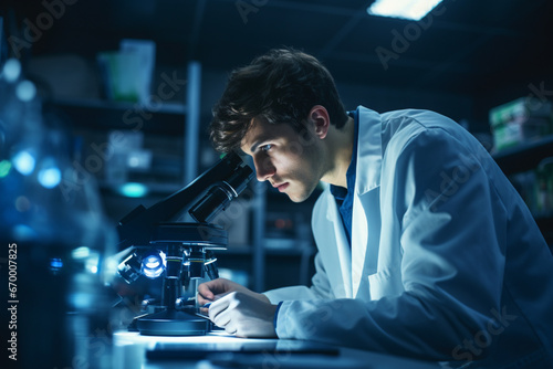 Portrait of a young scientist using a microscope in a lab