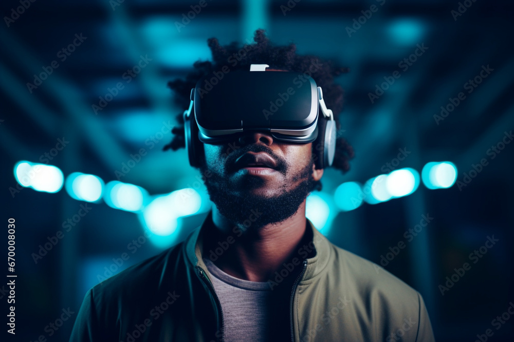 Portrait of African american man standing at night with VR headset on, Virtual reality concept