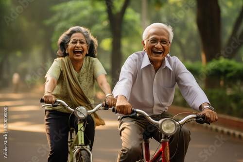 Indian old couple riding a bicycle