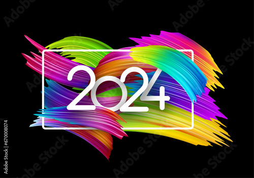 New Year 2024 white paper numbers and frame for calendar header with gradient colored brush strokes on black background.